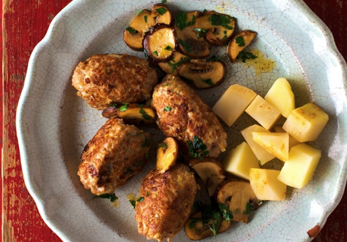 Frikadeller with mushroom, parsley and boiled potato and celeriac