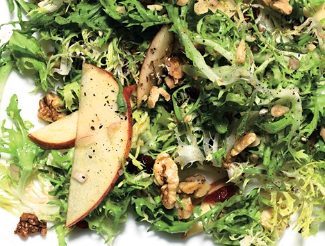 Frisée and apple salad with dried cherries and walnuts