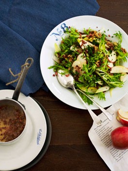 Frisée, witlof and apple salad with bacon bits and bacon fat dressing