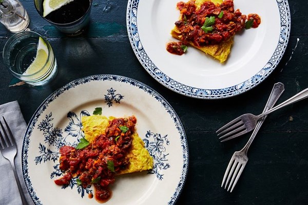 Frittata affogata with capers, olives, and anchovies