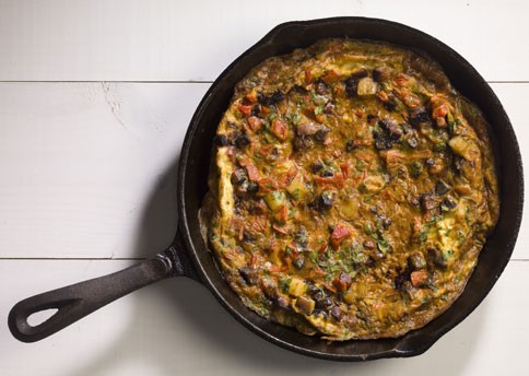 Frittata with potato, onion, piquillo peppers, and chorizo
