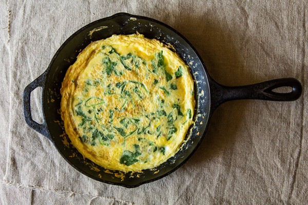 Frittata with spring greens, Parmesan and pancetta