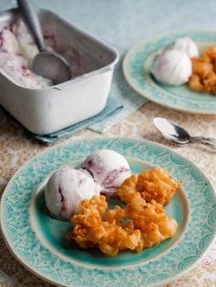 Fritter threads with mulberry swirl ice cream