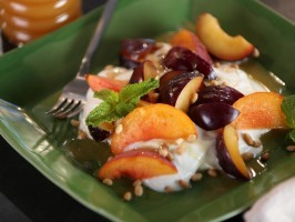 Fromage blanc with lavender honey, stone fruit, and pine nuts