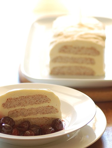 Frozen almond mascarpone cake with cherry compote