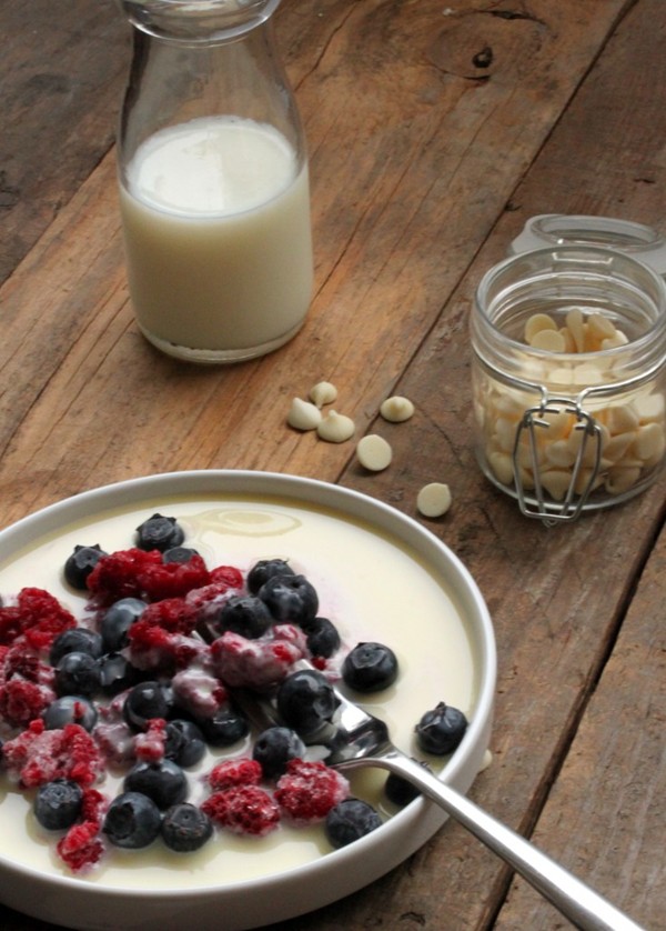 frozen berries with hot white chocolate sauce