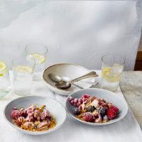 Frozen berries with white chocolate and miso sauce