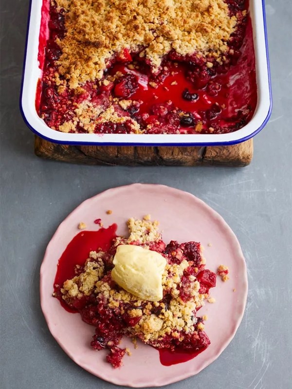 Frozen berry & apple crumble with vanilla ice cream