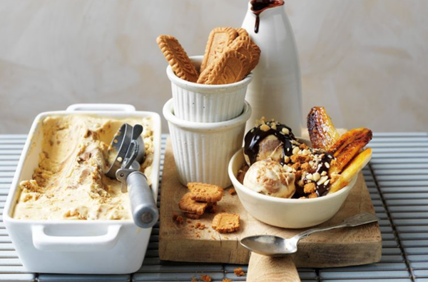 Frozen Biscoff custard sundae with hot fudge sauce
