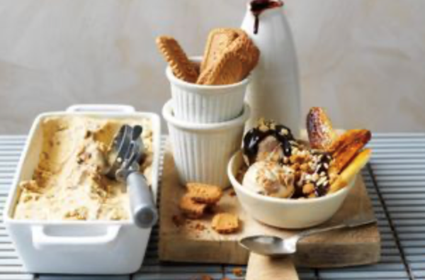 Frozen Biscoff custard sundae with hot fudge sauce
