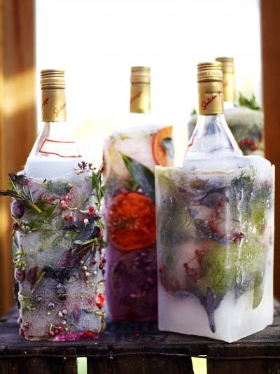 Frozen festive vodka bottle