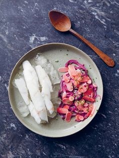 Frozen fish with quick-pickled radishes