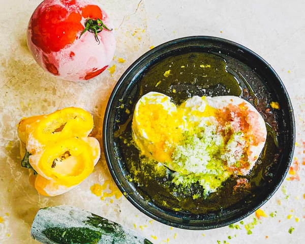 Frozen fruit and vegetable "granita" with burrata