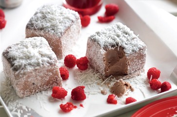 Frozen lamingtons with raspberries