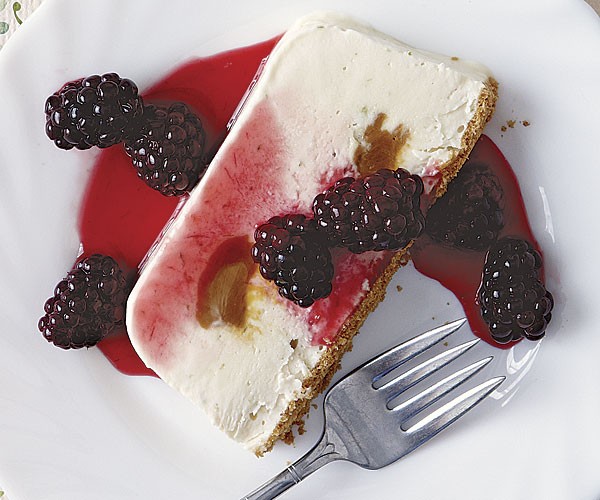 Frozen lime and dulce de leche terrine with blackberry sauce