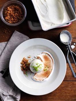 Frozen lime yoghurt with crack crumble and toasted meringue