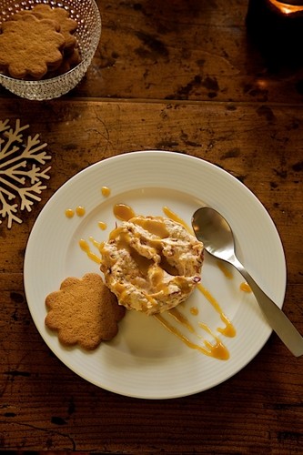 Frozen lingonberry and ginger biscuit cream with balsamic vinegar sauce