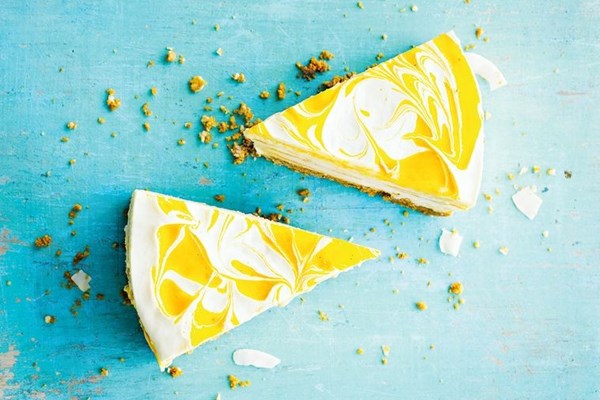 Frozen mango ripple & coconut cheesecake