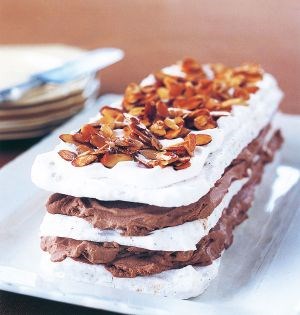 Frozen marjolaine with almond meringue and Mexican chocolate ice cream