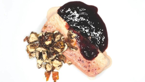 Frozen plum parfait, hazelnut praline and plum sauce