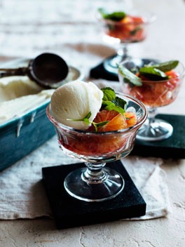 Frozen sheep's milk yoghurt with mint syrup and blood oranges