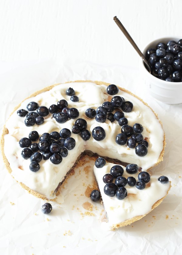 Frozen yogurt pie with boozy blueberries