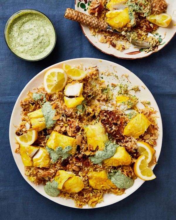 Fruit and nut fish pilaf with green tahini