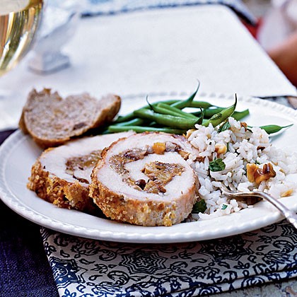 Fruit and walnut-stuffed pork loin