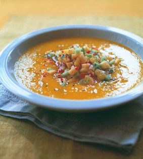 Fruit ceviche soup with Thai basil oil