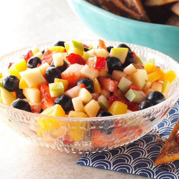 Fruit salad salsa with cinnamon tortilla chips
