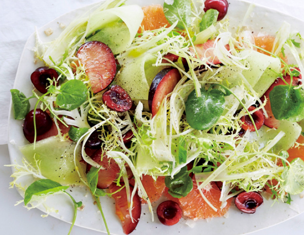 Fruit salad with fennel, watercress, and smoked salt