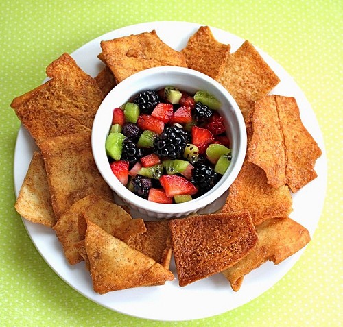 Fruit salsa with cinnamon sugar pita chips