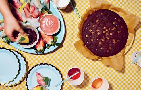 Fruit sushi with chocolate & strawberry dipping sauce