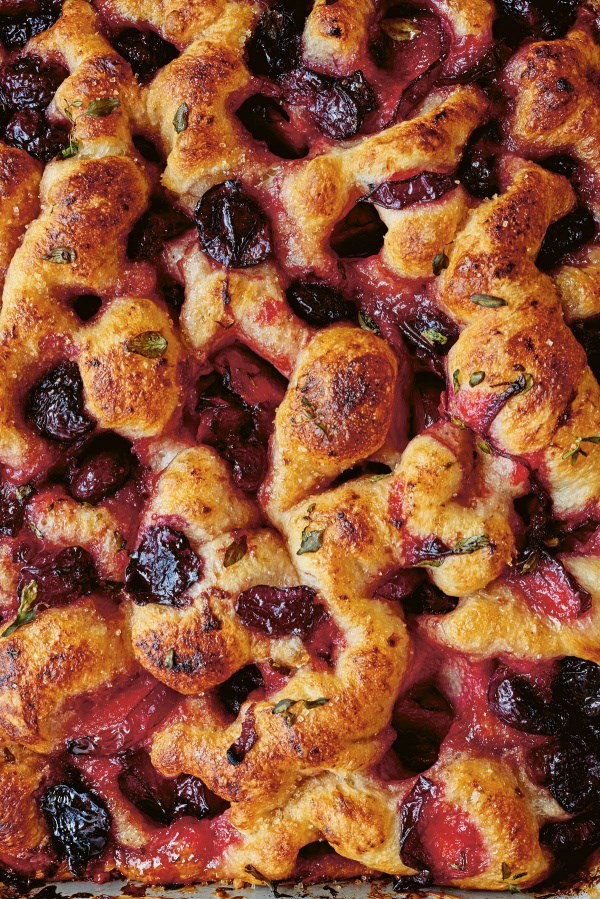 Fruited focaccia with plums, cherries and lemon thyme