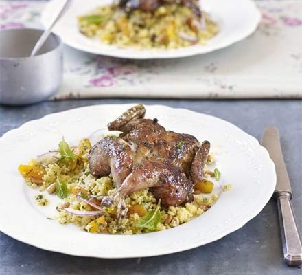 Fruity couscous and spiced quail