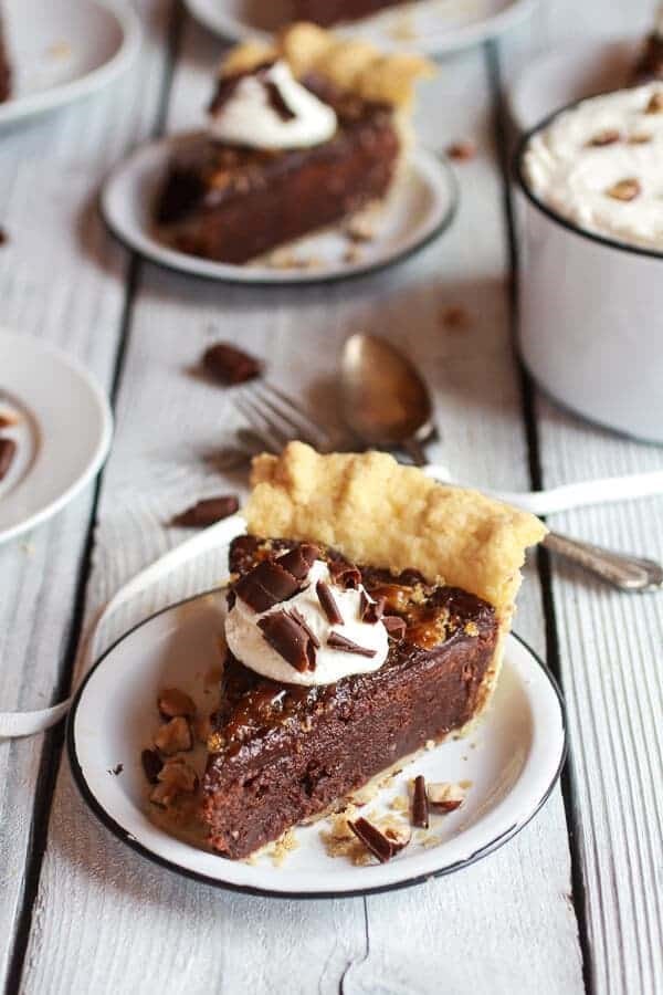 Fudge brownie and chocolate Frangelico crème brûlée pie
