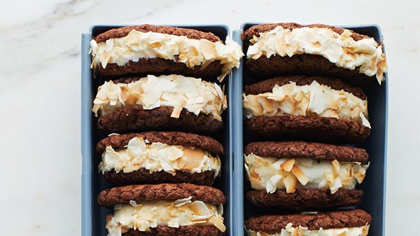 Fudge cookie and coconut ice cream sandwiches