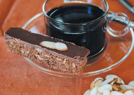 Fudge-frosted coffee and almond brownies