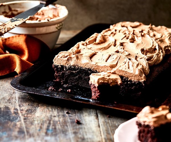 Fudgy dark chocolate sheet cake with milk chocolate mousse frosting