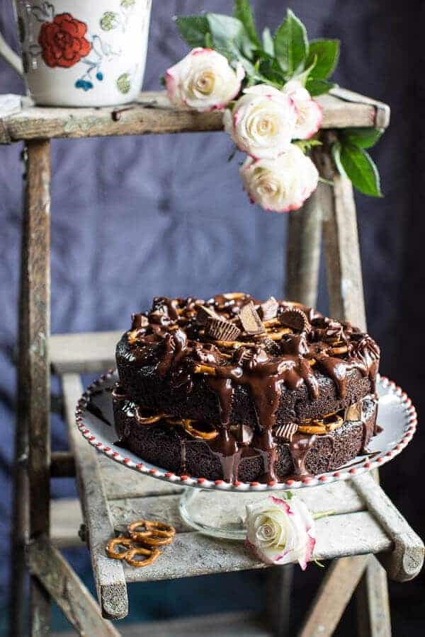 Fudgy one-bowl chocolate peanut butter cup pretzel cake