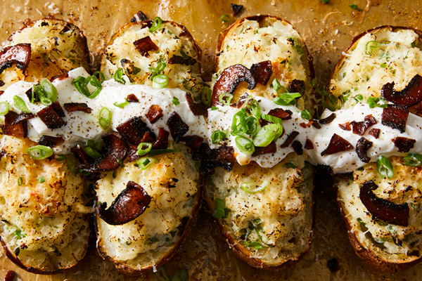 Fully loaded baked potatoes with mushroom "bacon" & garlicky Greek yogurt 