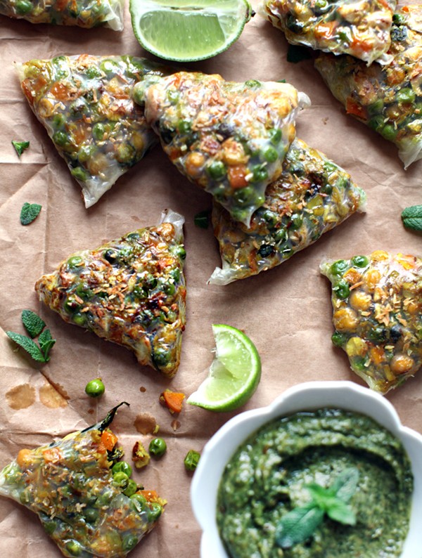 Fully-loaded spring samosas with sweet n’ spicy mint chutney