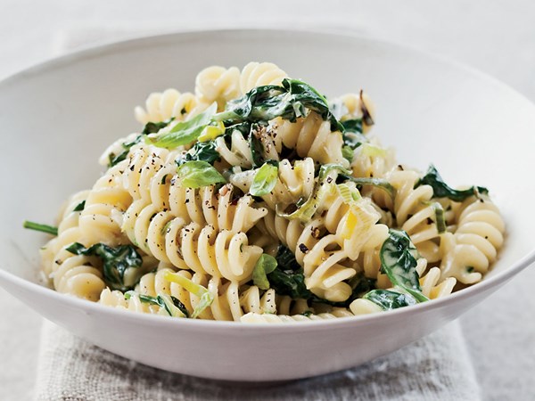 Fusilli with creamed leek and spinach