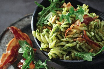 Fusilli with herb pesto, crisp pancetta and Parmesan