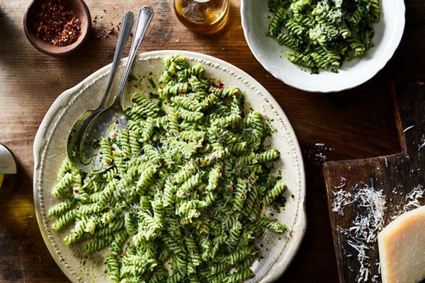 Fusilli with kale-cashew pesto