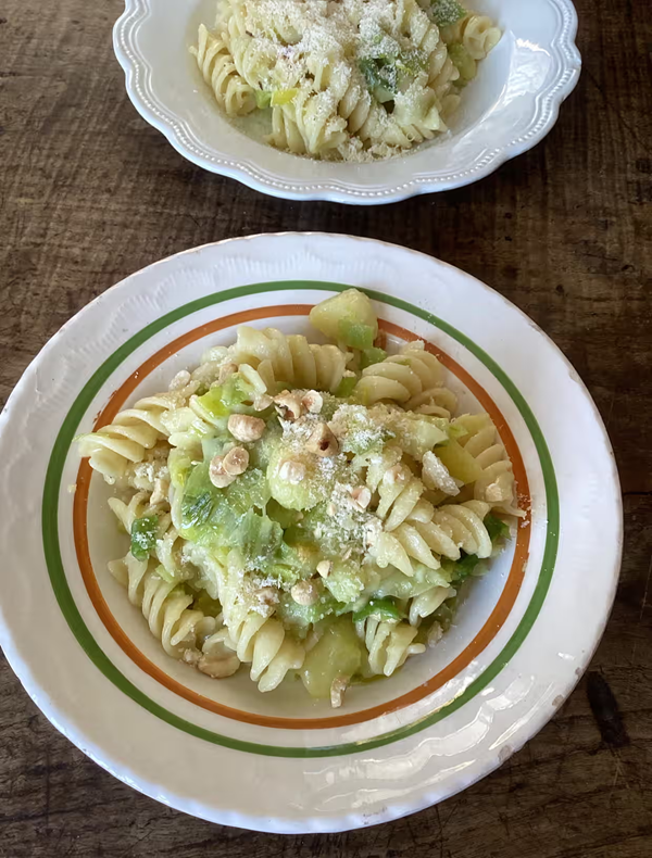 Fusilli with leek, potato, Parmesan and hazelnuts