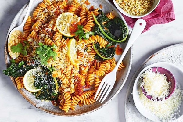 Fusilli with 'nduja, cavolo nero & lemon pangrattato