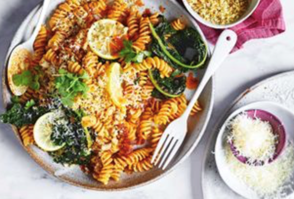 Fusilli with 'nduja, cavolo nero and lemon pangrattato