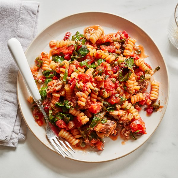 Fusilli with sardines, Swiss chard & tomato
