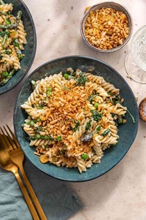 Fusilli with spring vegetables and breadcrumbs